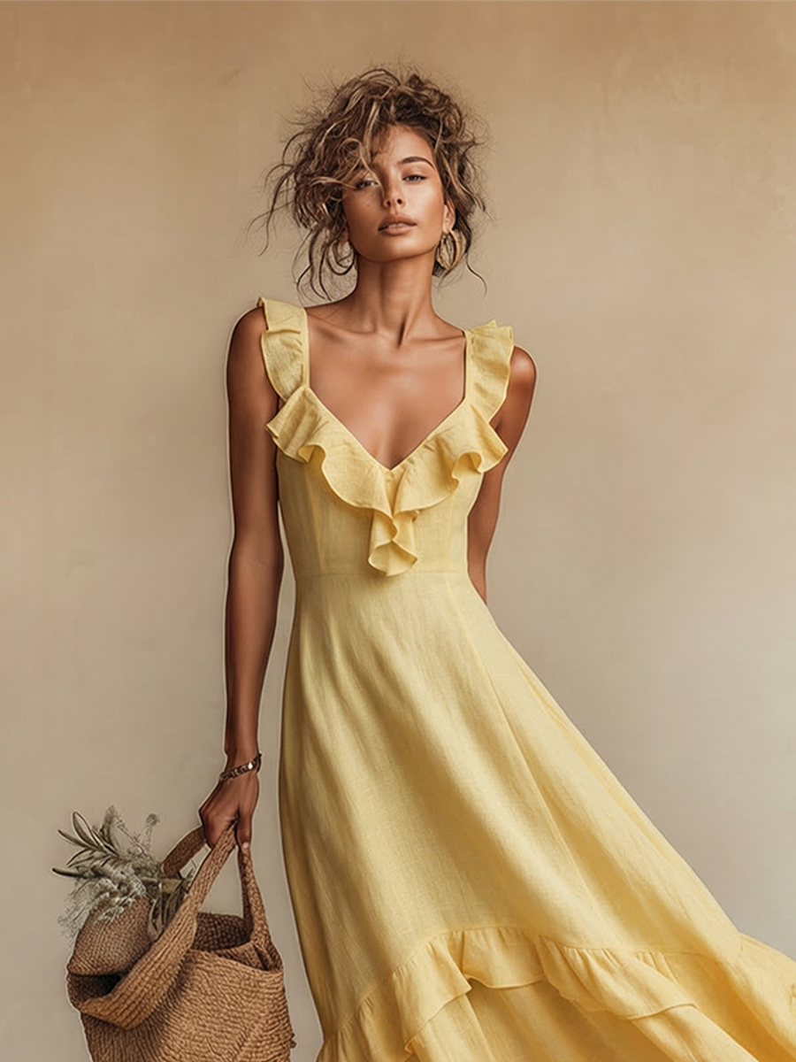 Abito lungo donna giallo in lino fresco con volant e scollo a V, per un look boho chic estivo da giorno.