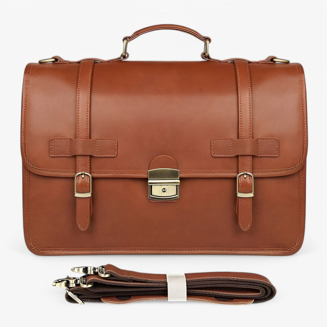 Borsa portadocumenti unisex marrone/giallo brunastro, design elegante con patta frontale.