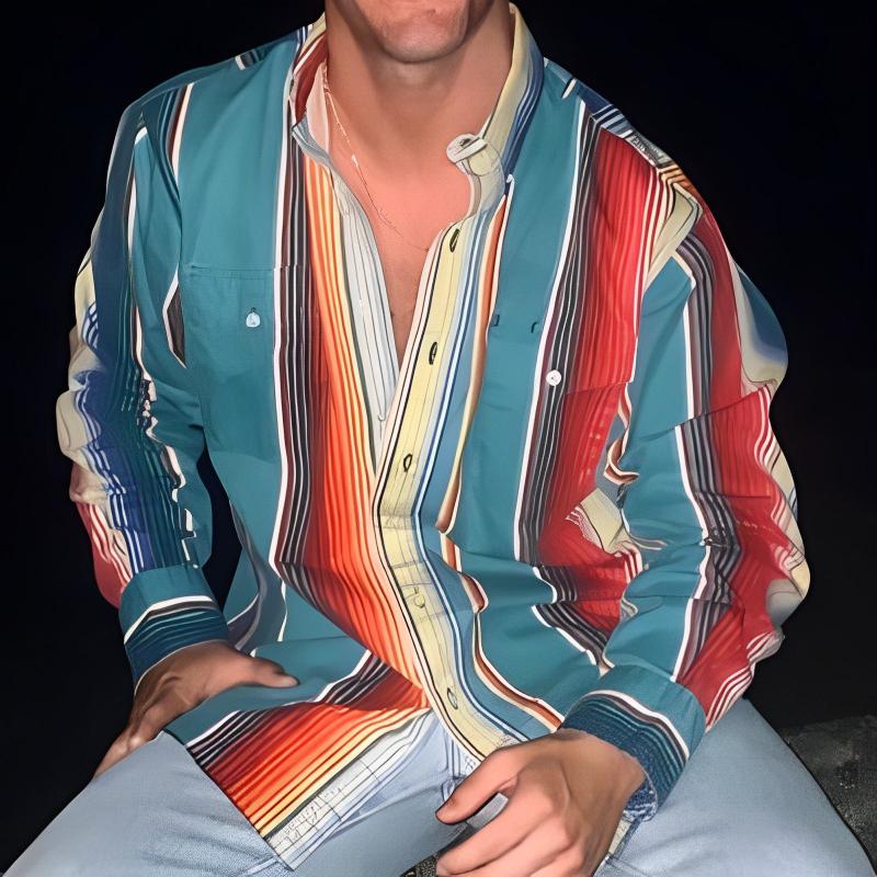 Camicia uomo a righe con blocchi colore, maniche lunghe. Perfetta per un look casual versatile primavera/estate.