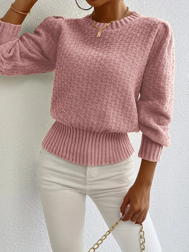 Maglione rosa donna, maniche a sbuffo. Pullover girocollo in maglieria, ideale per outfit eleganti e casual.