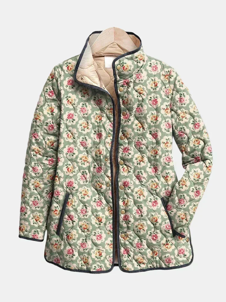 Giacca casual da donna, design floreale, trapuntata, con bottoni.