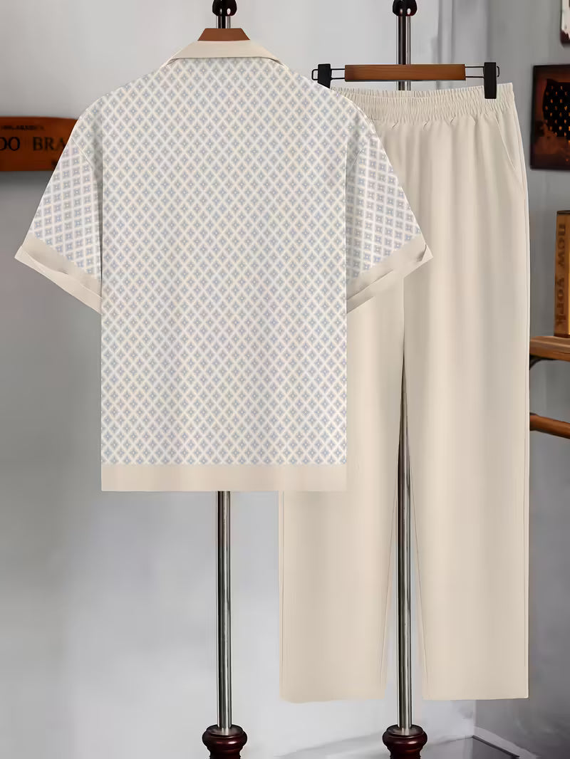 Completo uomo casual estivo geometrico, outfit comodo ed elegante per le giornate calde.