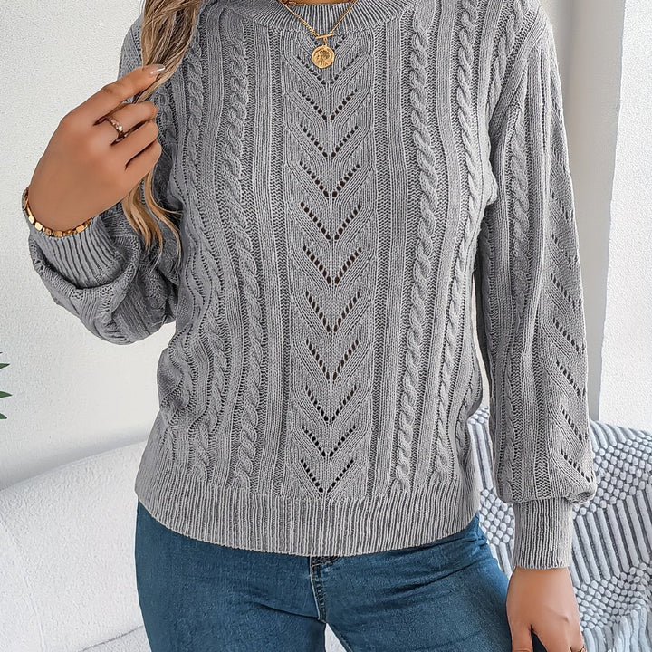 Maglione donna kaki a trecce, maniche lunghe. Girocollo confortevole, stile trendy.