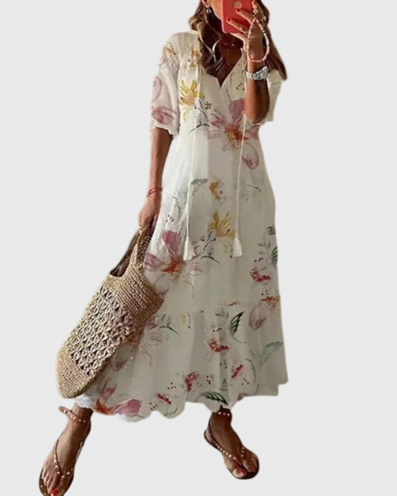 Abito da donna boho fluido, maxi, per un look autunnale elegante e disinvolto, vestito versatile.