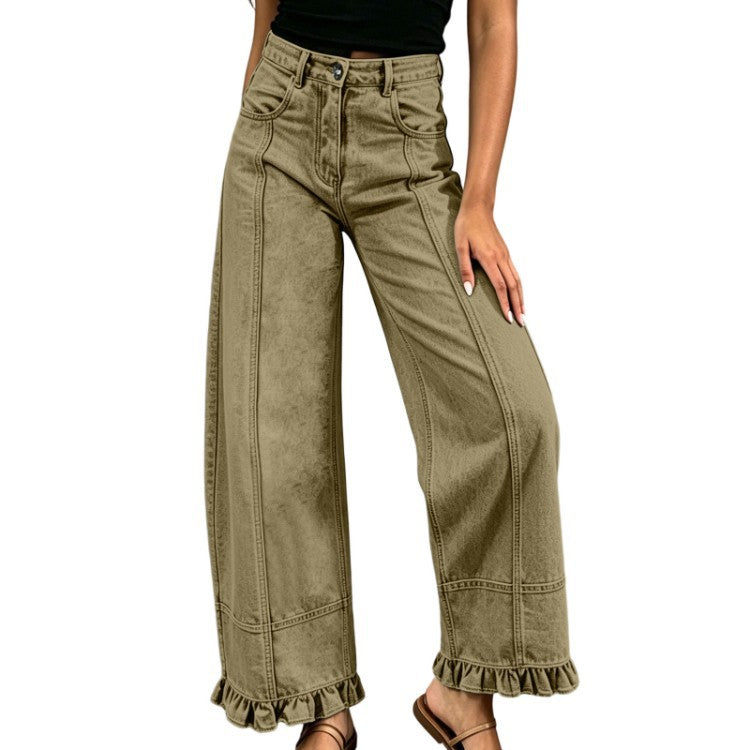 Outfit quotidiano con pantaloni jeans donna vita alta gamba larga, look casual streetwear.