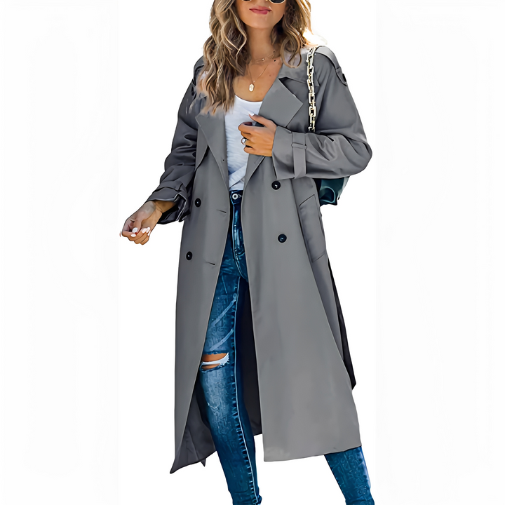 Cappotto lungo doppiopetto elegante per donna, perfetto per un look sofisticato in primavera.