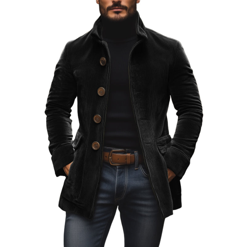 Cappotto monopetto uomo, taglio slim fit. Collo alla coreana e bottoni. Perfetto per la moda maschile autunnale.