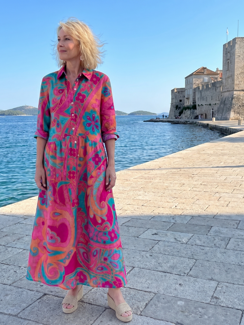 Elegante abito midi donna stampato con bottoni frontali e colletto classico. Un capo di moda versatile per il quotidiano.