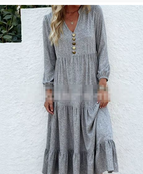 Abito midi da donna a maniche lunghe e collo tondo, ideale per un abbigliamento elegante primavera/autunno.