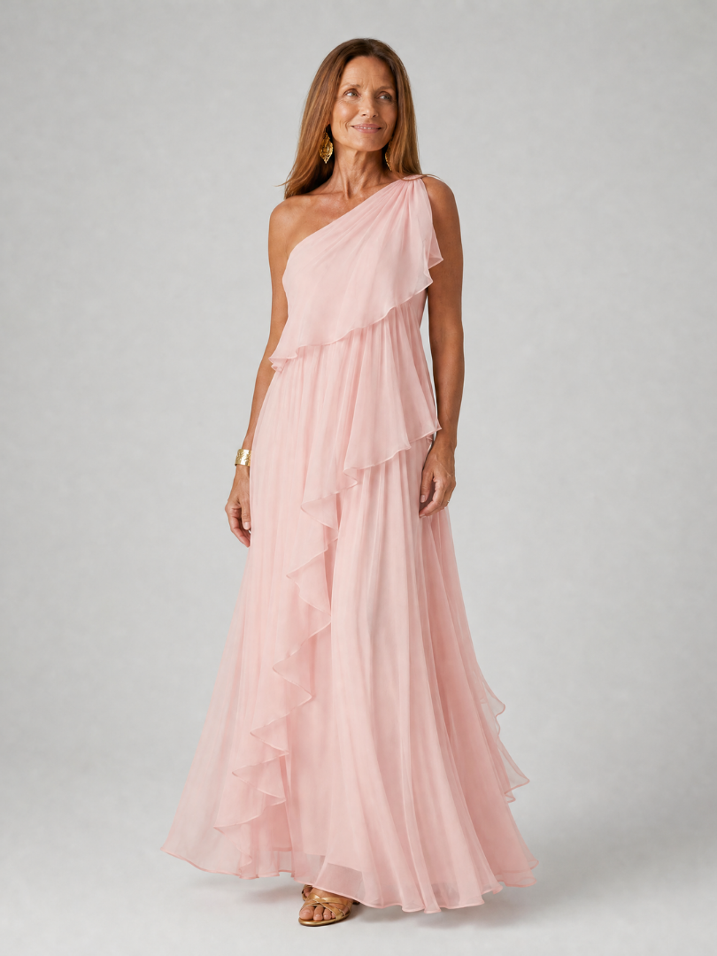 Femminile abito lungo elegante monospalla con volant, per un outfit da sera indimenticabile.