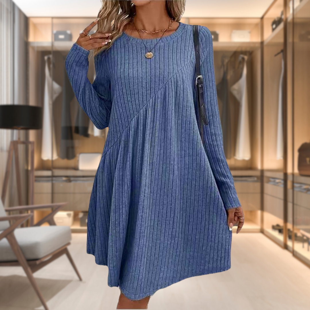 Elegante abito lungo donna a maniche lunghe, caldo e accogliente, ideale per la moda autunno-inverno, stile versatile.
