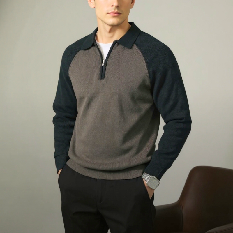 Maglione uomo in maglia, elegante, con zip e colletto polo. Disponibile in vari colori.