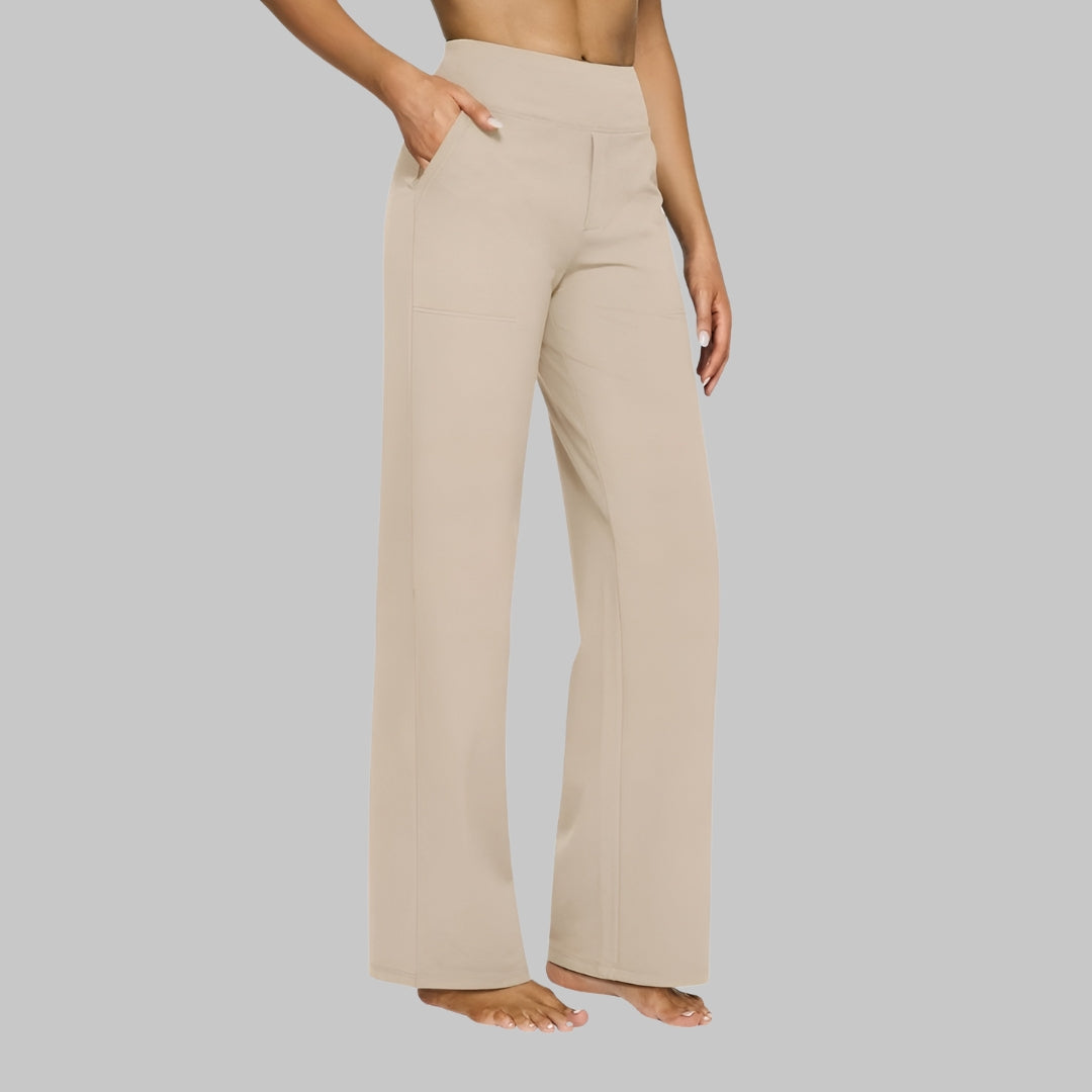 Pantaloni donna con tasche, a vita alta, perfetti per un comfort quotidiano senza rinunciare all'eleganza.
