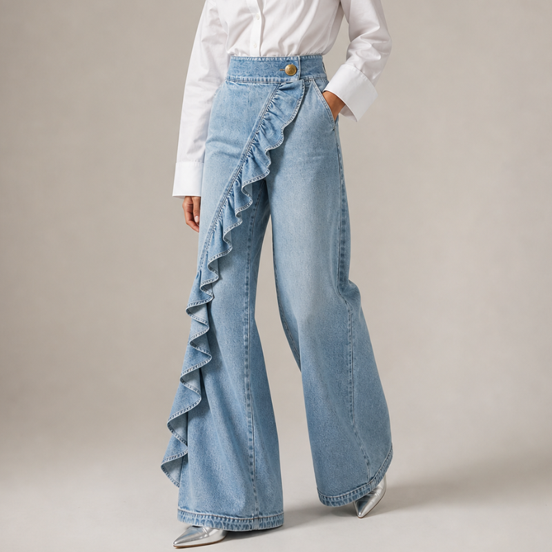 Eleganti pantaloni donna azzurri con volant e vita alta, gamba larga per un tocco di stile moda casual.