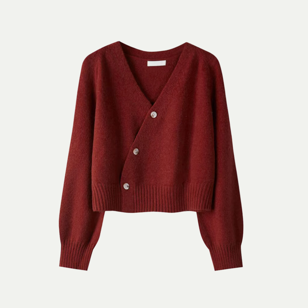 Cardigan donna elegante a V, maglia corta in maglia per outfit casual o strati autunnali.