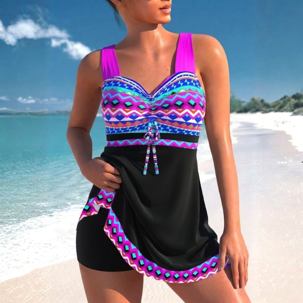 Costume intero marinaro donna con gonna, in tessuto confortevole. Ideale per nuoto, spiaggia e taglie comode, stile chic.