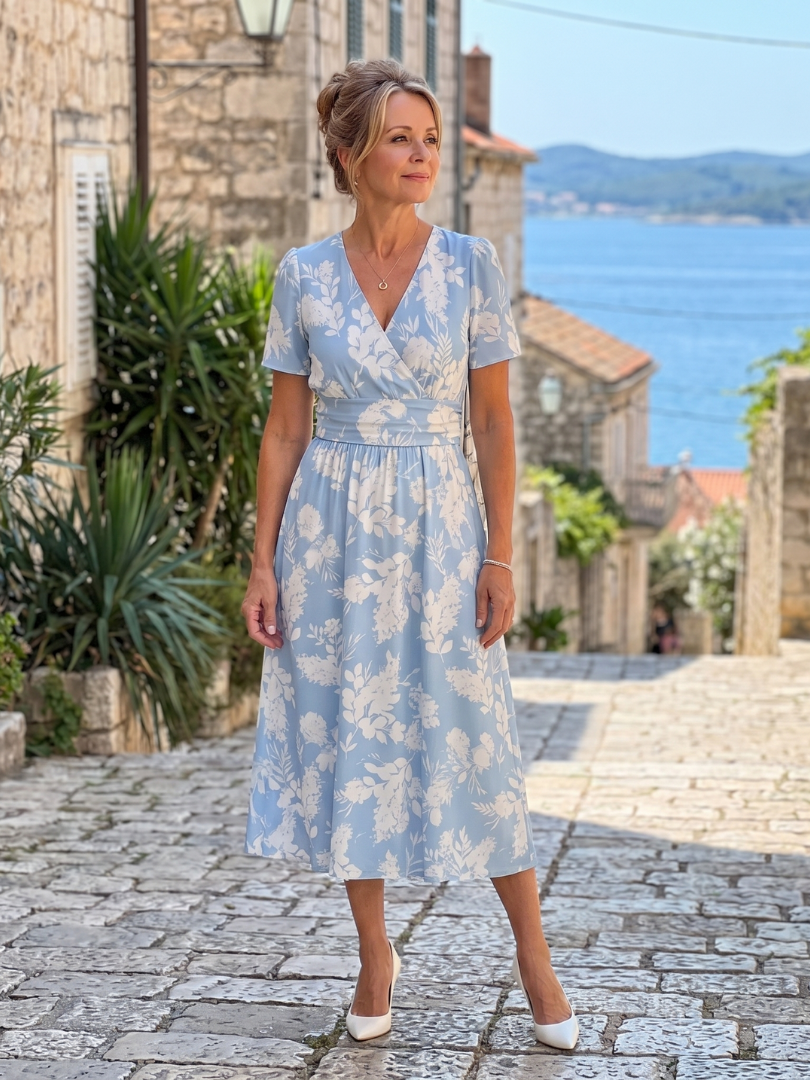 Abito da donna midi floreale con scollo a V, maniche corte. Ideale per l'estate e look da vacanza.