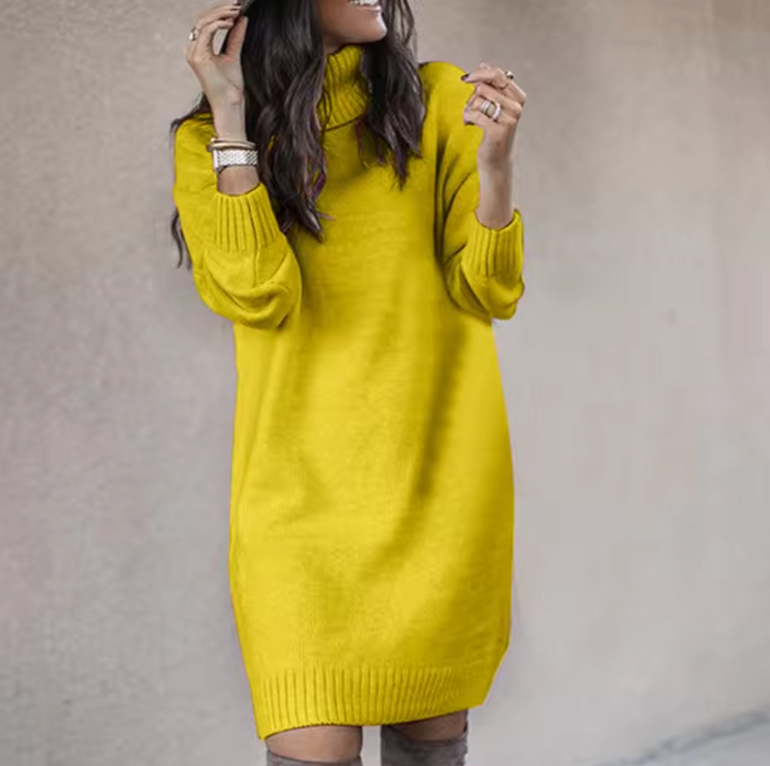 Abito donna dolcevita con collo alto e maniche lunghe, maglione caldo ed elegante per l'inverno.