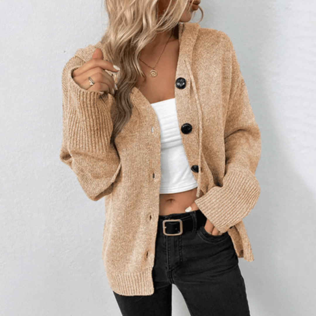 Cardigan da donna casual con cappuccio, maniche lunghe e chiusura abbottonata, perfetto per il comfort quotidiano.