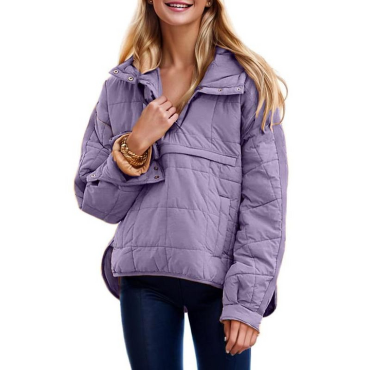Elegante giacca piumino donna con design trapuntato. Stile moderno, calda e leggera per l'inverno.