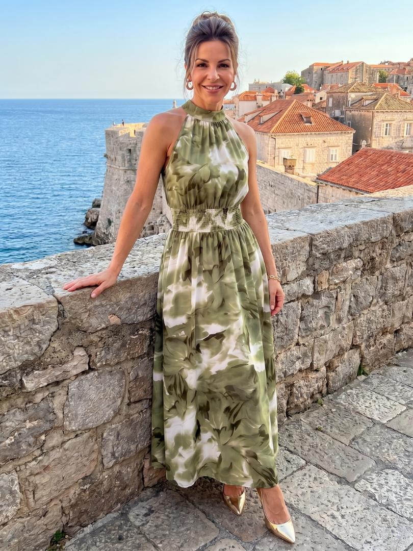 Vestito midi donna fluido con vita arricciata e stampa astratta. Elegante e comodo per la moda femminile.