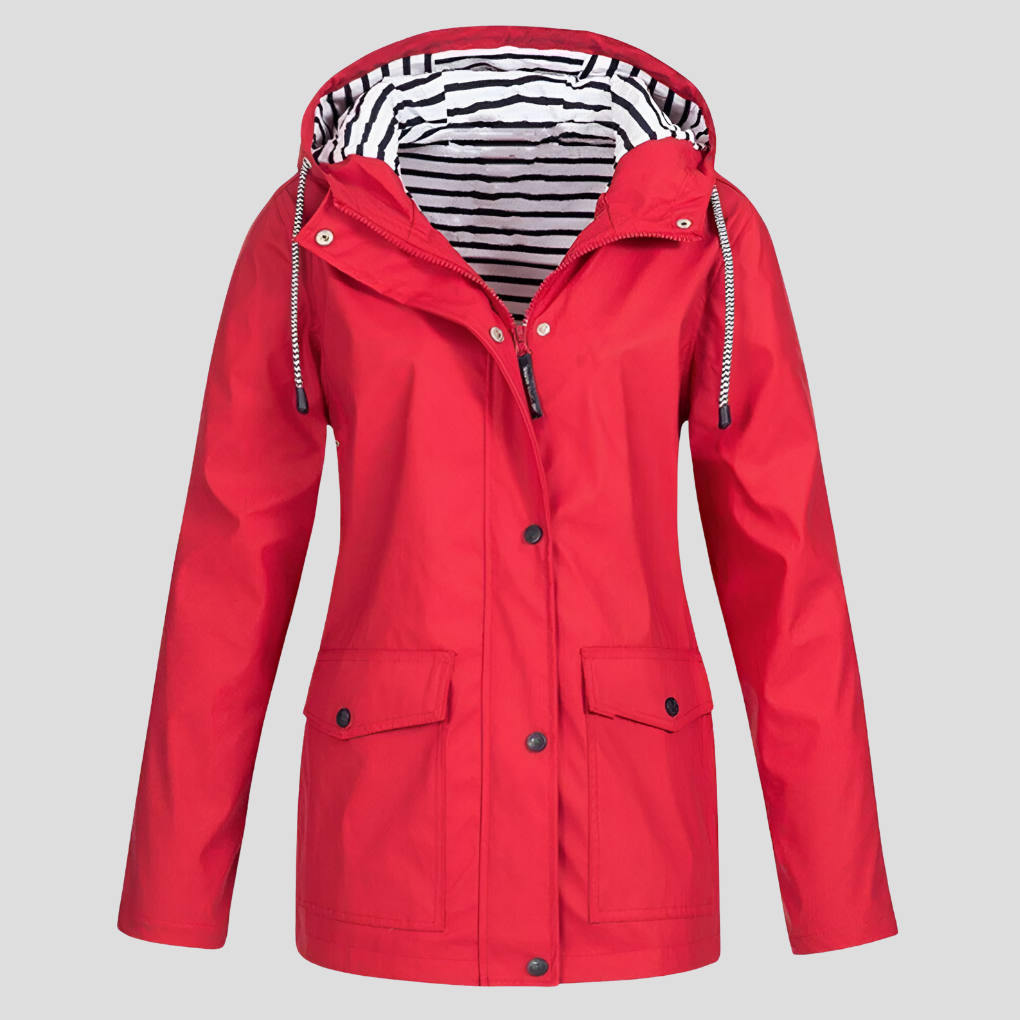 Moderna giacca donna impermeabile e antivento con cappuccio, per stile casual urbano e protezione dalla pioggia.