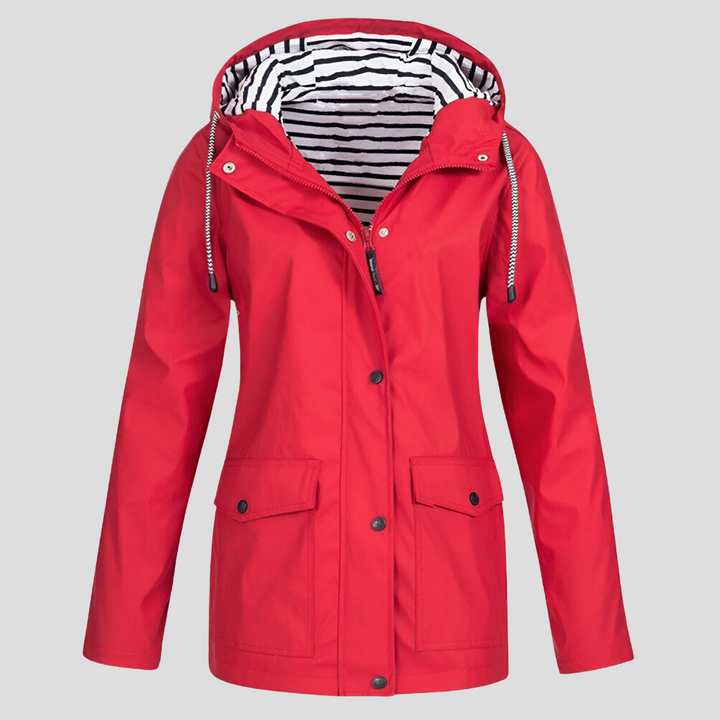 Moderna giacca donna impermeabile e antivento con cappuccio, per stile casual urbano e protezione dalla pioggia.