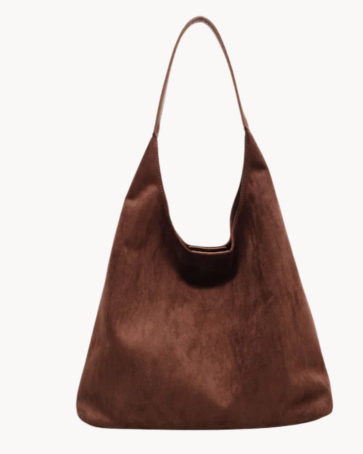 Borsa hobo da donna elegante in pelle scamosciata marrone. Versatile accessorio moda per lavoro o casual.
