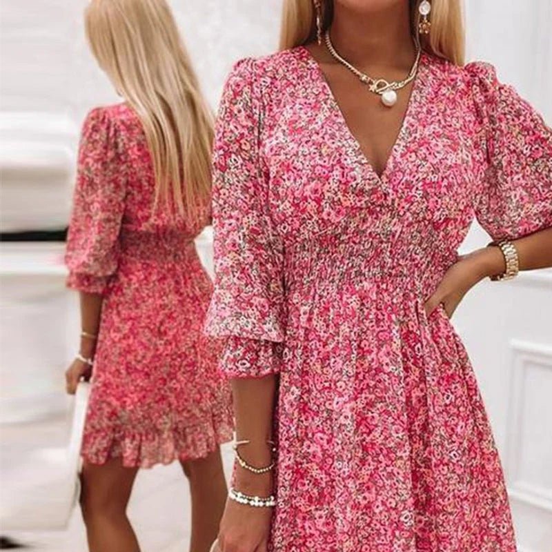 Abito floreale midi da donna, elegante e casual, perfetto per la moda estiva e primaverile con stampa vivace.