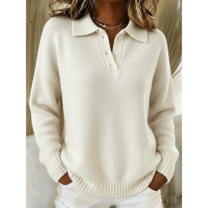 Comodo maglione polo da donna a maniche lunghe. Abbigliamento casual chic perfetto per la stagione autunno inverno.
