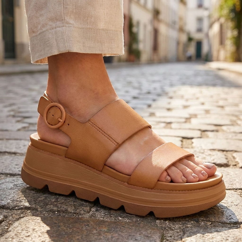 Sandali platform donna, fibbia chic. Scarpe estive versatili e comode, perfette per look casual e alla moda.
