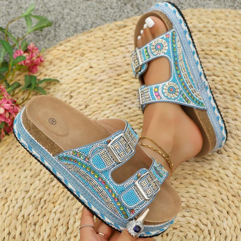 Sandali donna casual boho crystal, scarpe estive leggere per spiaggia, passeggio e piedi comodi.