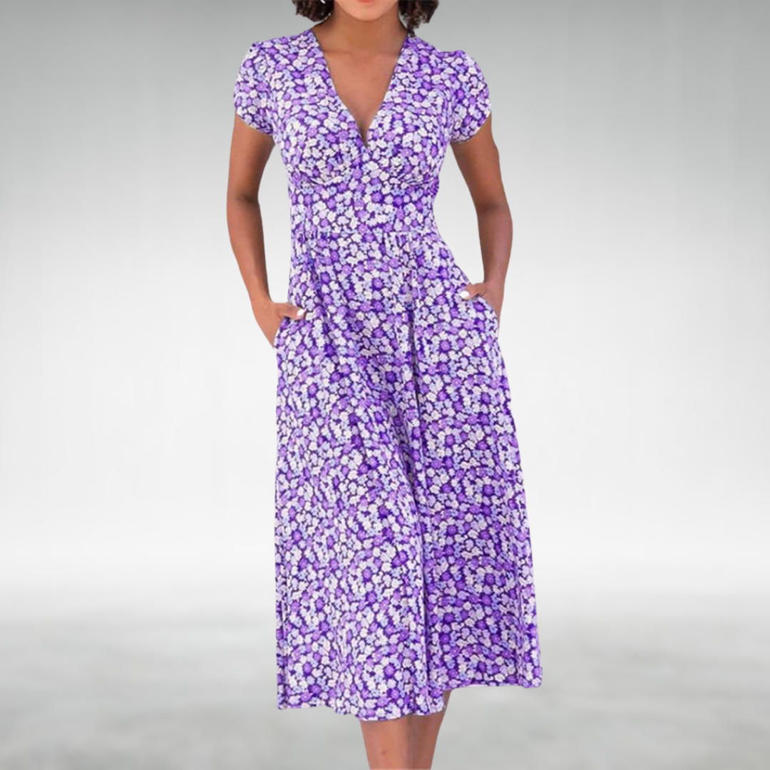 Vestito donna estivo, design versatile con scollo V. Un capo elegante per la spiaggia e serate di vacanza.