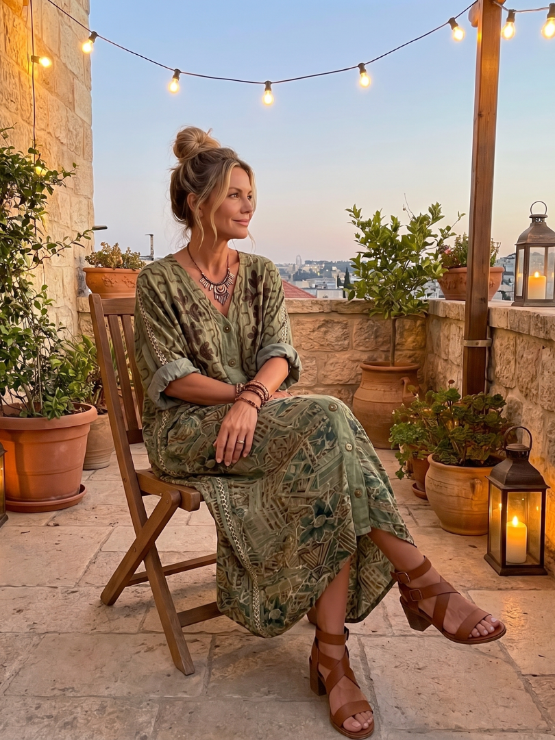 Abito midi floreale verde con bottoni, per donna. Stile bohemien, oversize, ideale per comfort e moda estiva.