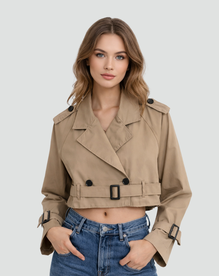 Trench corto donna in cotone, taglio classico versatile per mezza stagione.