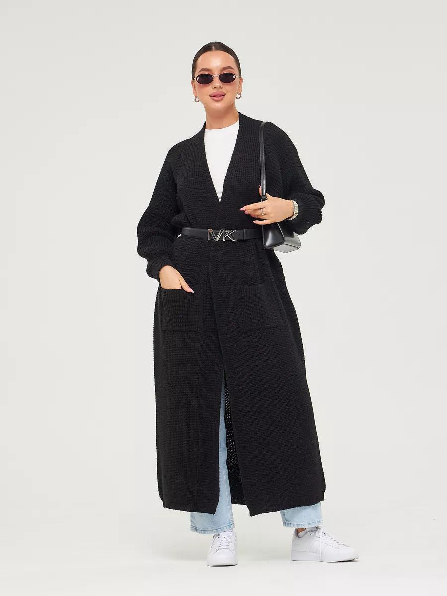 Cardigan lungo donna elegante con tasche e apertura frontale, perfetto per autunno/inverno.