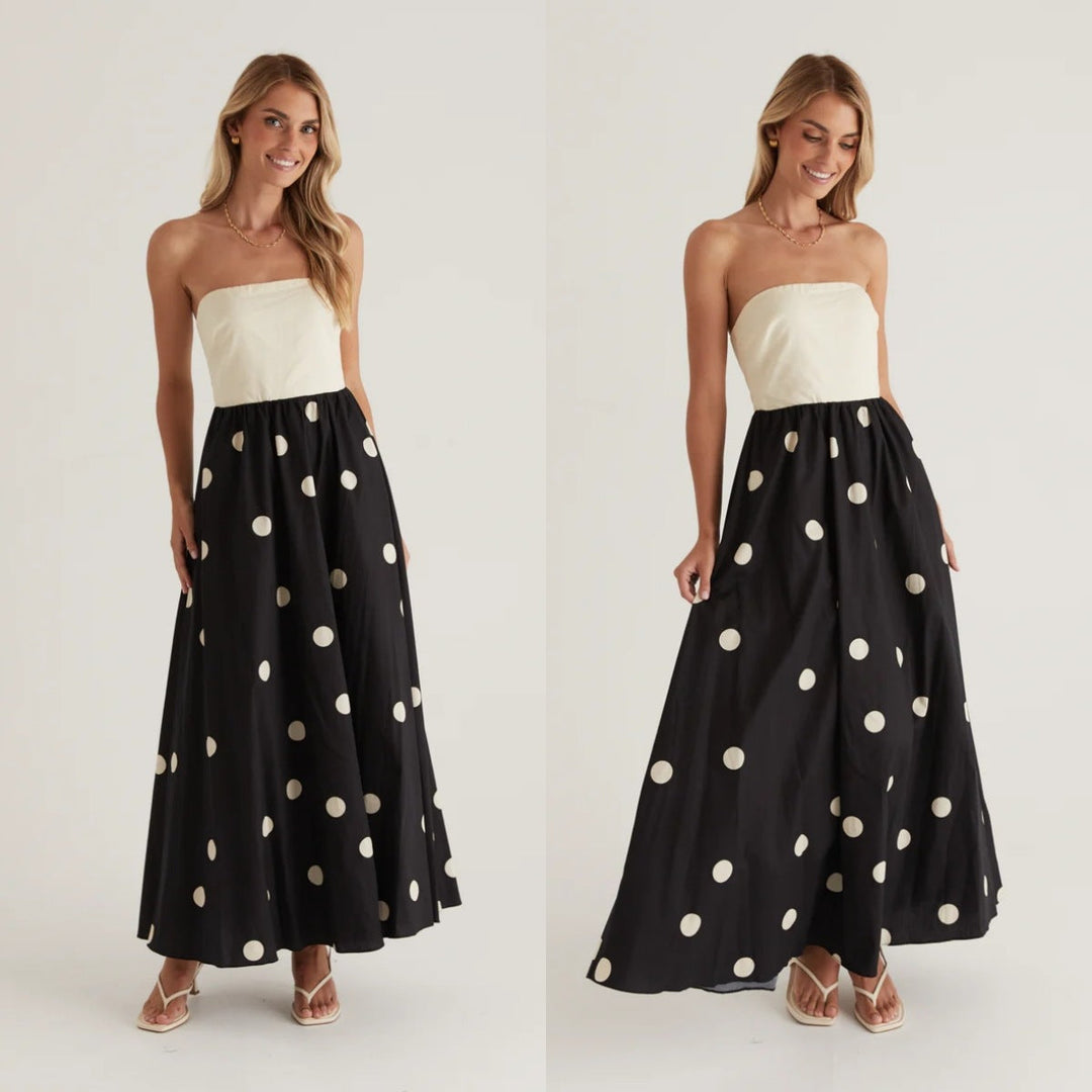 Abito lungo donna elegante patchwork a pois, senza spalline. Perfetto vestito estivo casual chic per ogni occasione.