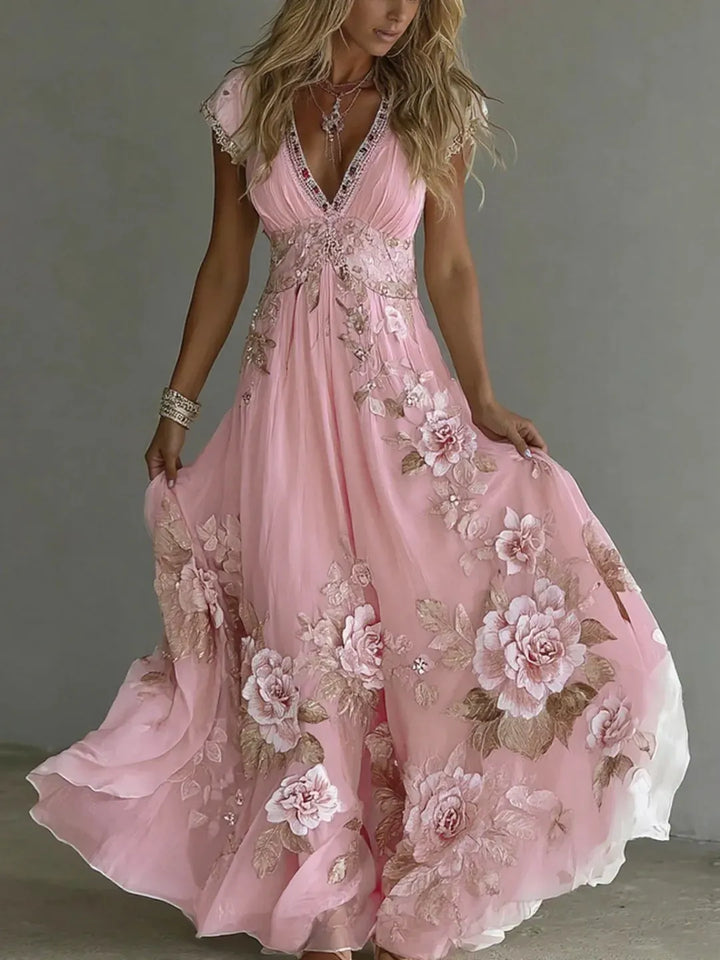 Texture morbida chiffon abito lungo donna, con raffinato pizzo floreale ricamato per un look elegante.