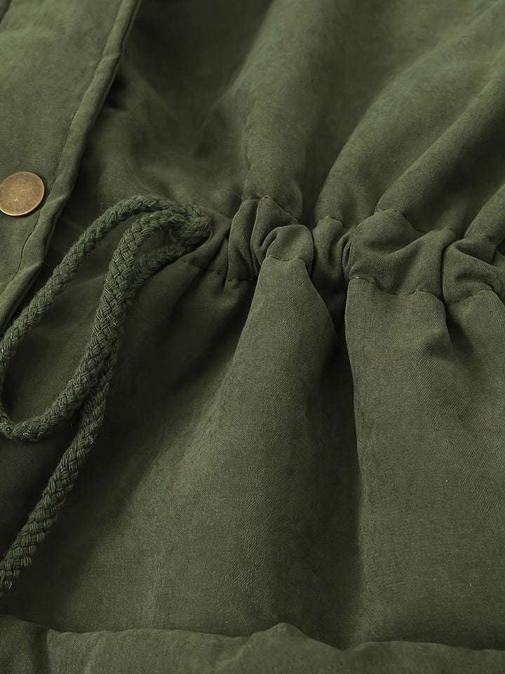 Parka lungo verde da donna con collo borg e vita regolabile. Cappotto invernale casual per lei.