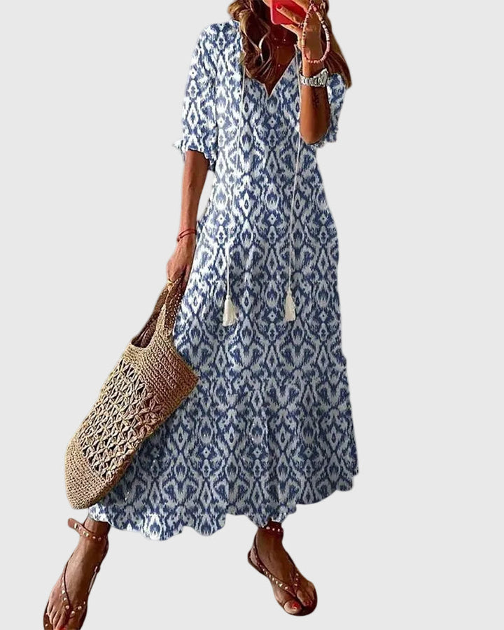 Abito lungo fluido boho donna per autunno, elegante e versatile, ideale per casual o invitata a matrimonio.