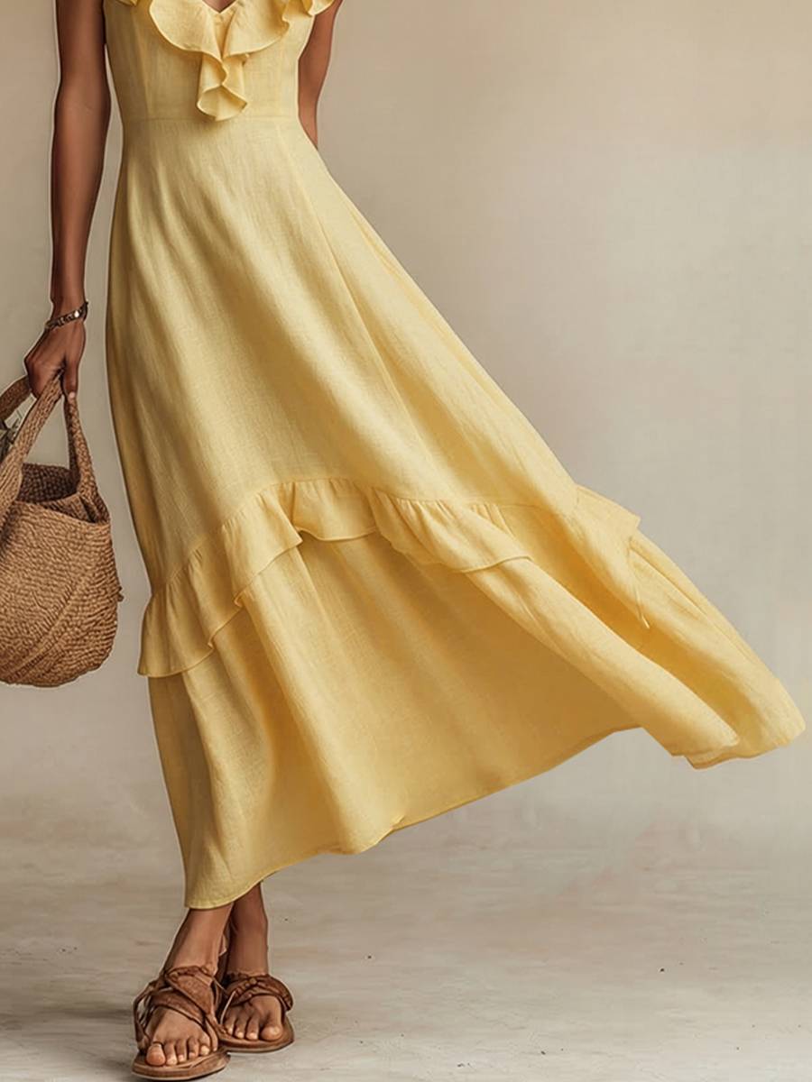 Comodo abito maxi giallo da donna in lino, con scollo a V e volant, versatile per estate, vacanze e tempo libero.
