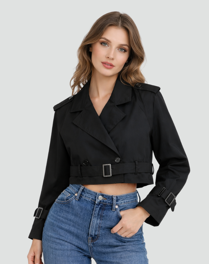 Trench classico corto donna, in cotone versatile per la mezza stagione, adatto ufficio/casual.
