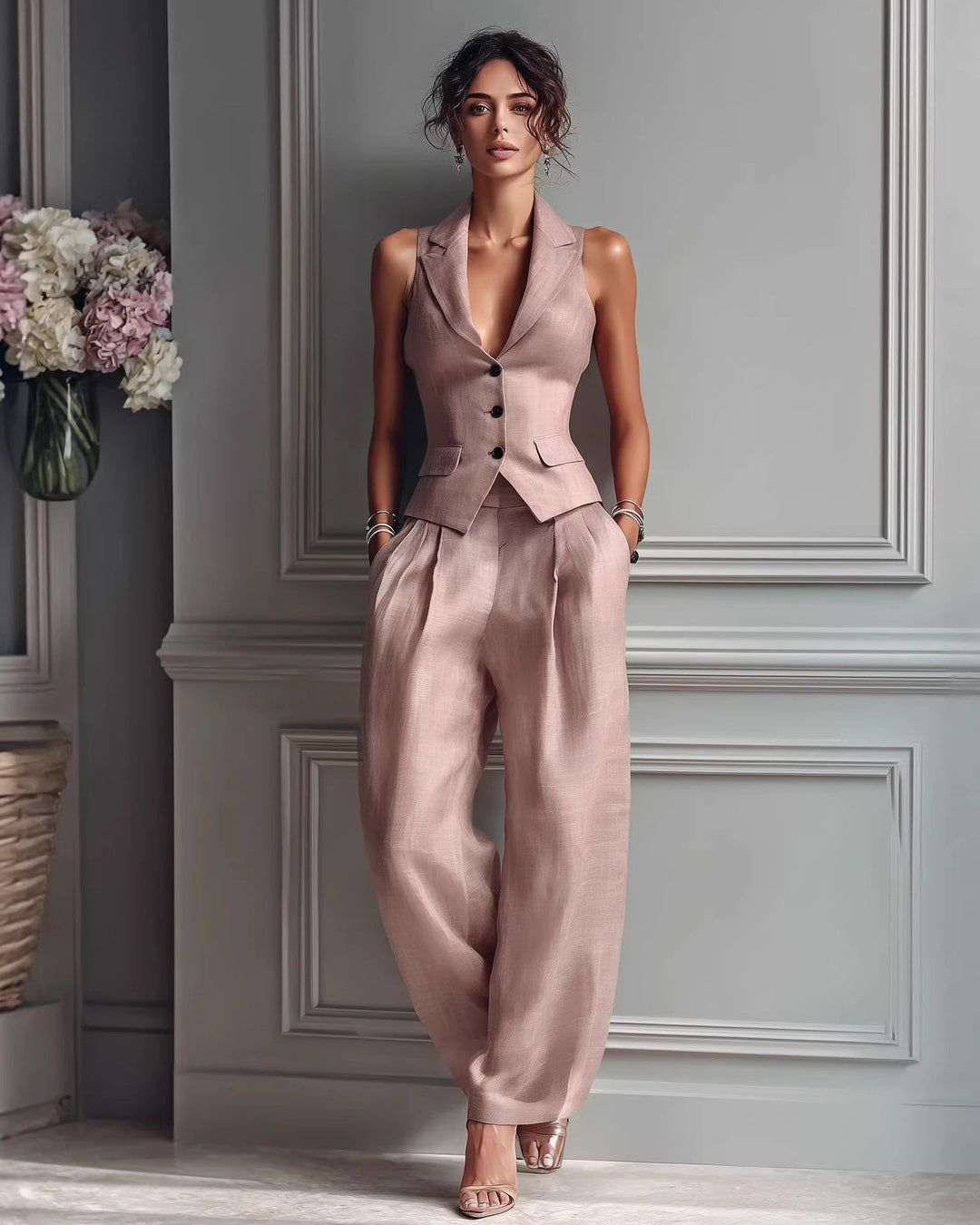Completo donna due pezzi elegante con gilet e pantaloni dritti, perfetto per ufficio e occasioni speciali.