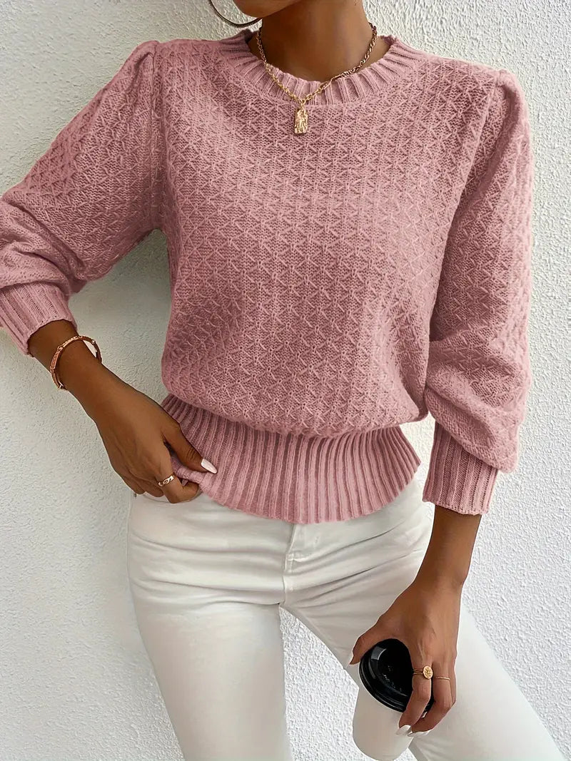 Maglione giallo donna con maniche a sbuffo, lavorato a maglia. Pullover girocollo per abbigliamento invernale confortevole.