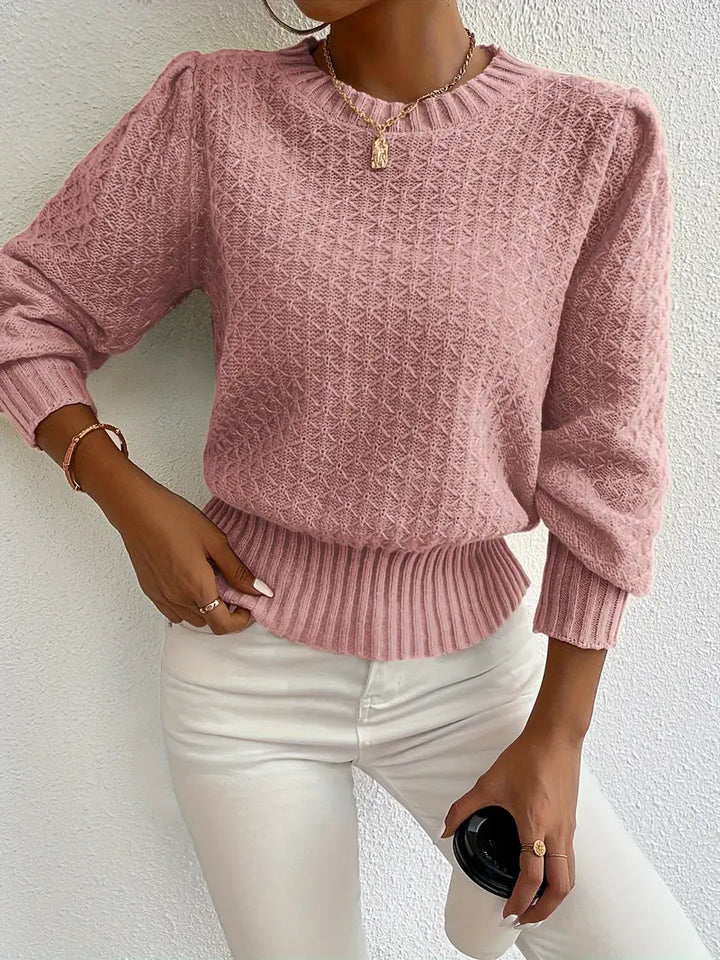 Maglione giallo donna con maniche a sbuffo, lavorato a maglia. Pullover girocollo per abbigliamento invernale confortevole.