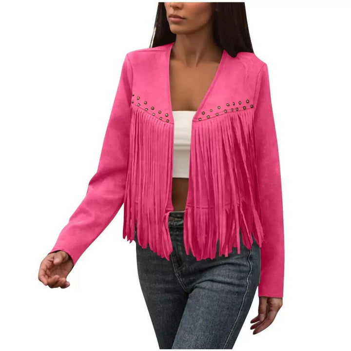 Giacca donna versatile con frange. Stile etnico retrò, capospalla casual per un look unico di tendenza.