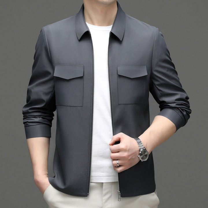 Vista posteriore giacca uomo Harrington leggera grigia, vestibilità regolare, outerwear primaverile e autunnale.