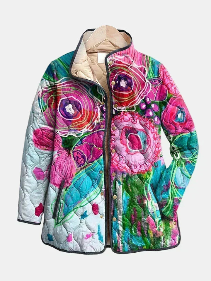 Giacca floreale trapuntata in poliestere per donna, con bottoni.