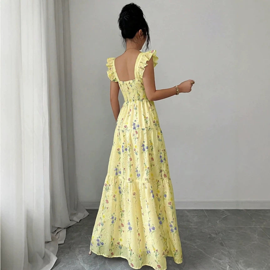 Abito donna estivo floreale con spalline sottili, stile francese chic per vacanze romantiche.