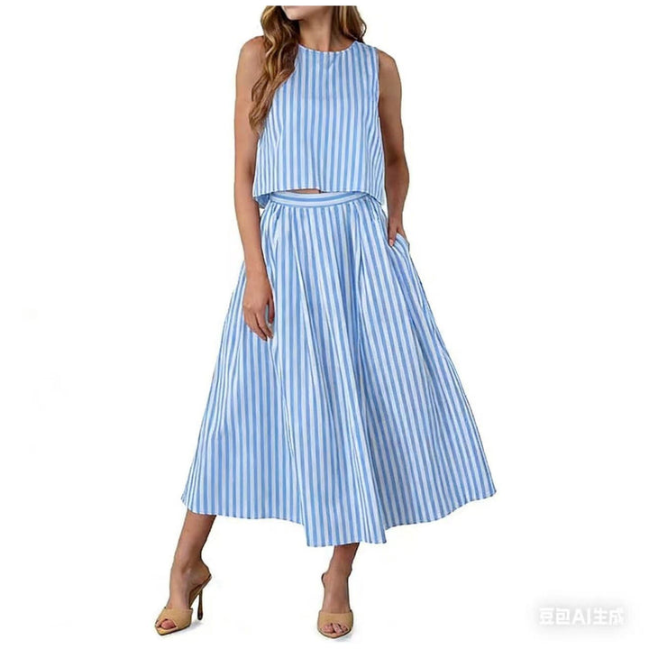Moda estiva donna: Completo due pezzi con top chic e gonna patchwork di tendenza. Perfetto per un look casual.